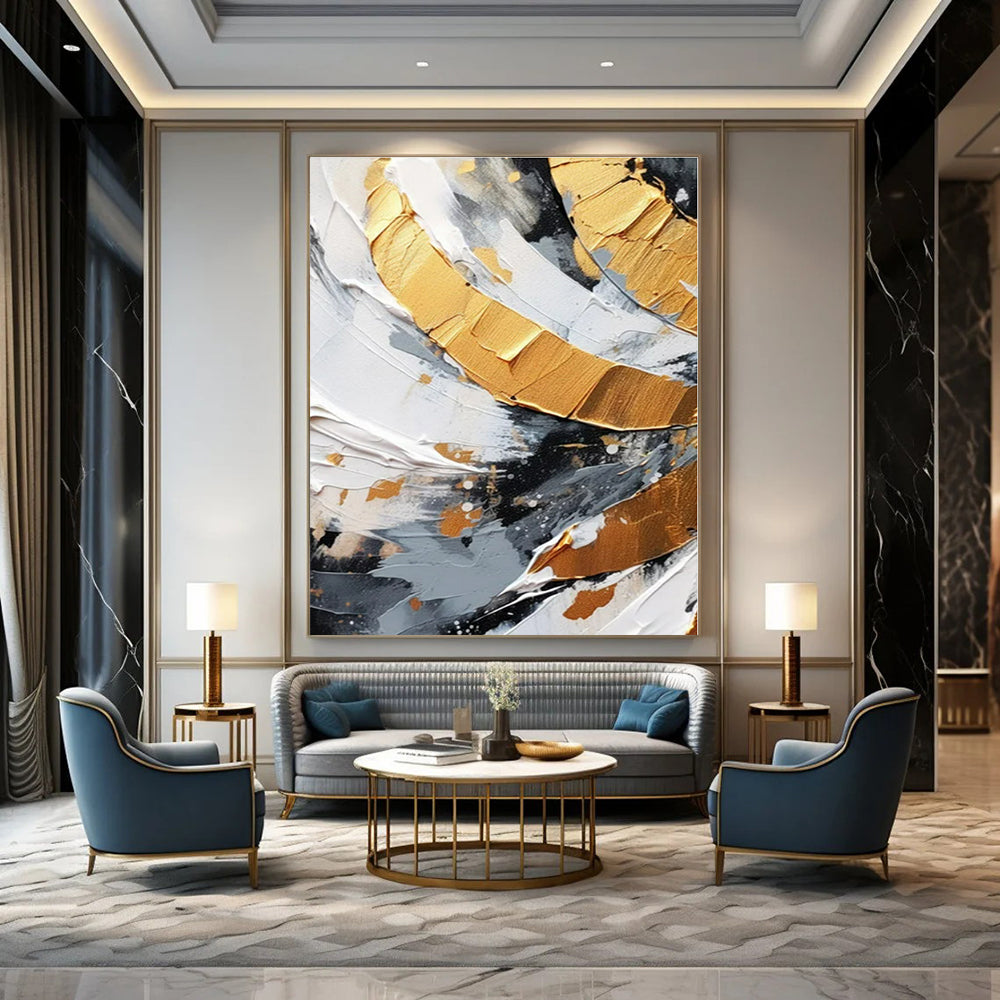 Gold and Gray Impasto Swirls - Textured Metallic Abstract Painting On Canvas PS1243
