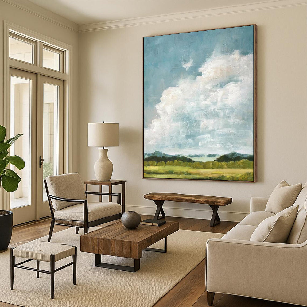 “Fluffy White Clouds Over Green Fields” - Impressionist Sky Painting On Canvas PT1878