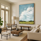 “Fluffy White Clouds Over Green Fields” - Impressionist Sky Painting On Canvas PT1878