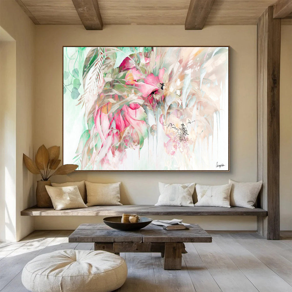 “Pink And Green Floral Cascade” - Floral Painting On Canvas DKS534