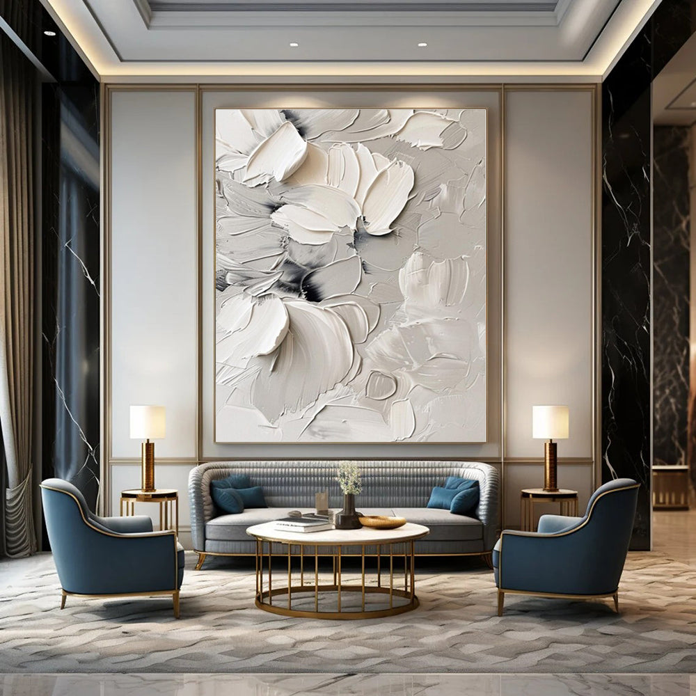 White, Gray, Black with Textured Flowers "Textured Blooms" Floral Painting On Canvas PS1289