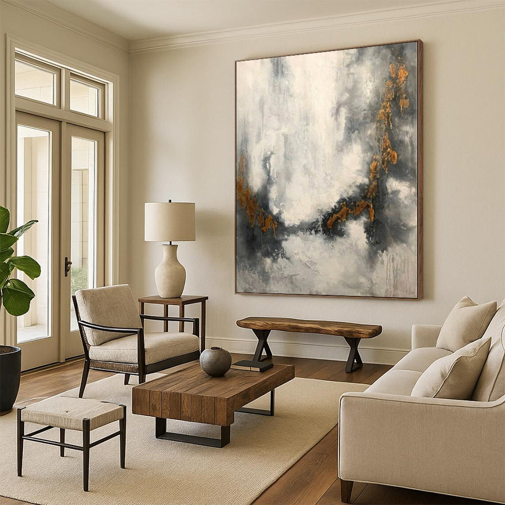 “Grey - Gold Abstract Textured Clouds” - Tactile Abstract Painting On Canvas PS0348