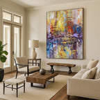 “Vibrant Urban Abstraction” - Yellow, Blue, Purple Abstract Cityscape Painting On Canvas PS0545
