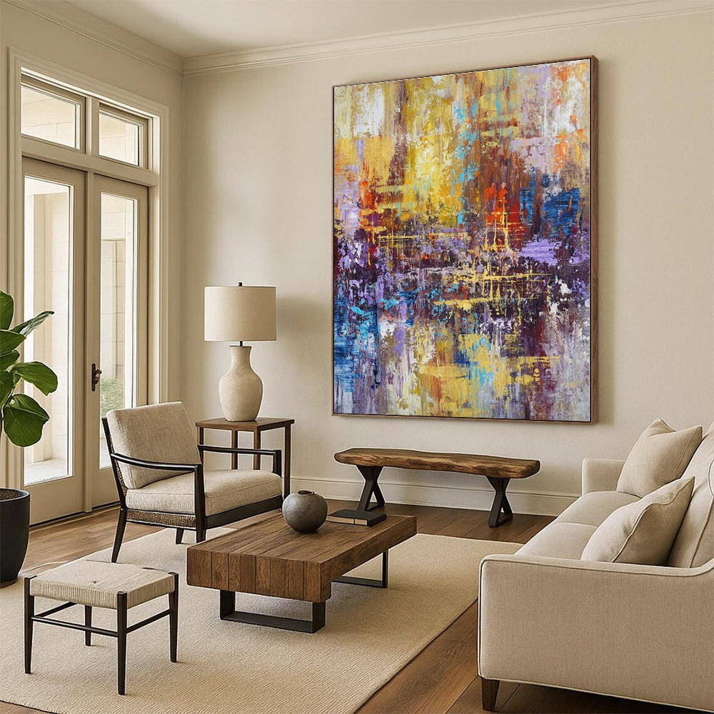 “Vibrant Urban Abstraction” - Yellow, Blue, Purple Abstract Cityscape Painting On Canvas PS0545