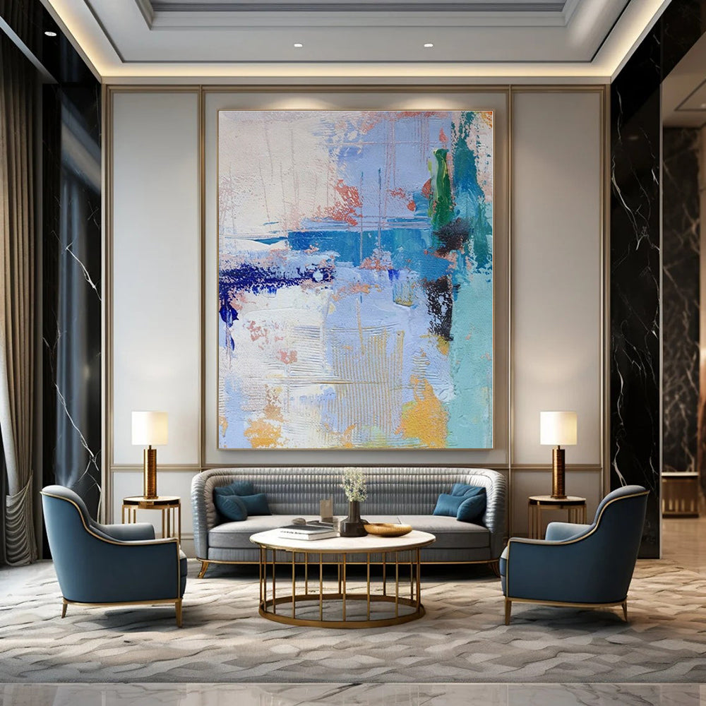 Blue, Green, Yellow, White with Playful Strokes "Seaside Crayon" Abstract Painting On Canvas PS1386