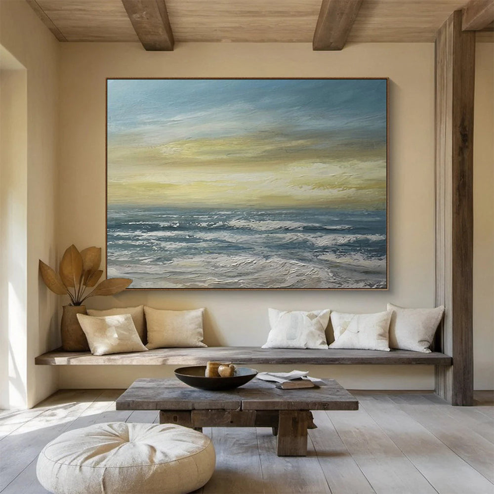 “Vibrant Coastal Sunset in Blues, Yellows & Whites” - Impressionistic Seaside Oil Painting On Canvas PT033