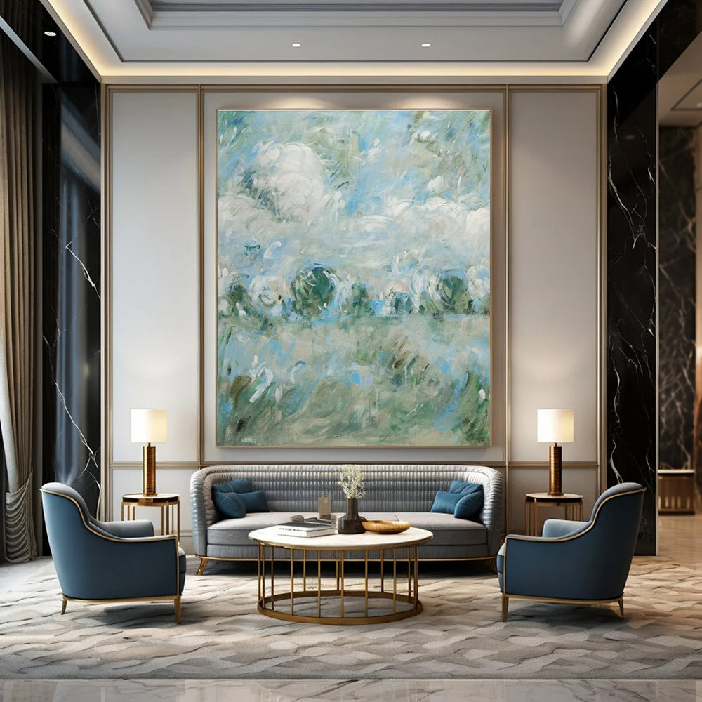 Blue, Green, White with Impasto Landscapes "Soft Horizon" Abstract Painting On Canvas PS1439