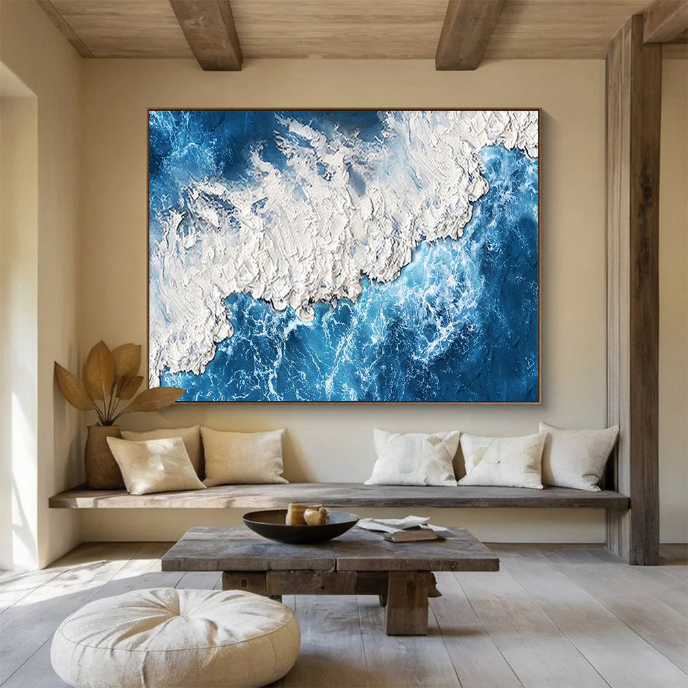 “Textured Blue Coast” - Blue, White & Gray Seascape, Impasto Oil Painting On Canvas DKS785