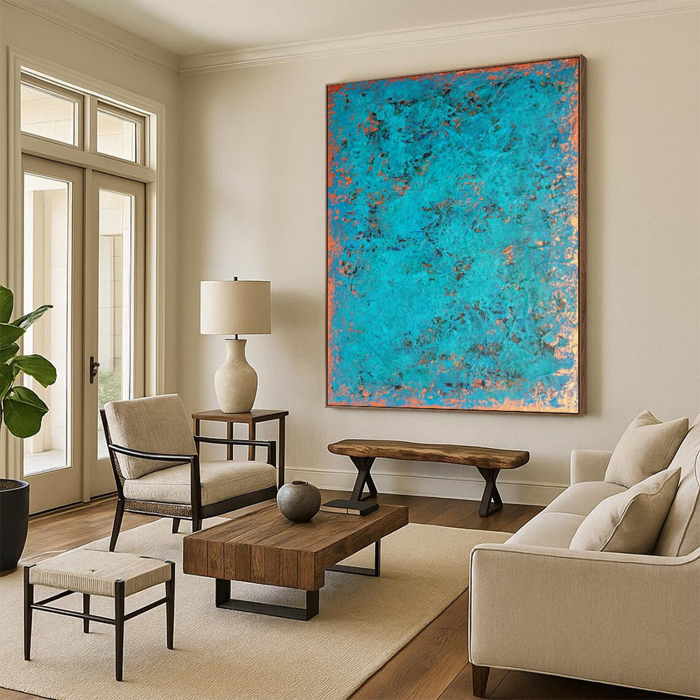 “Turquoise - Copper Textured” - Abstract Impasto Painting On Canvas PT2323