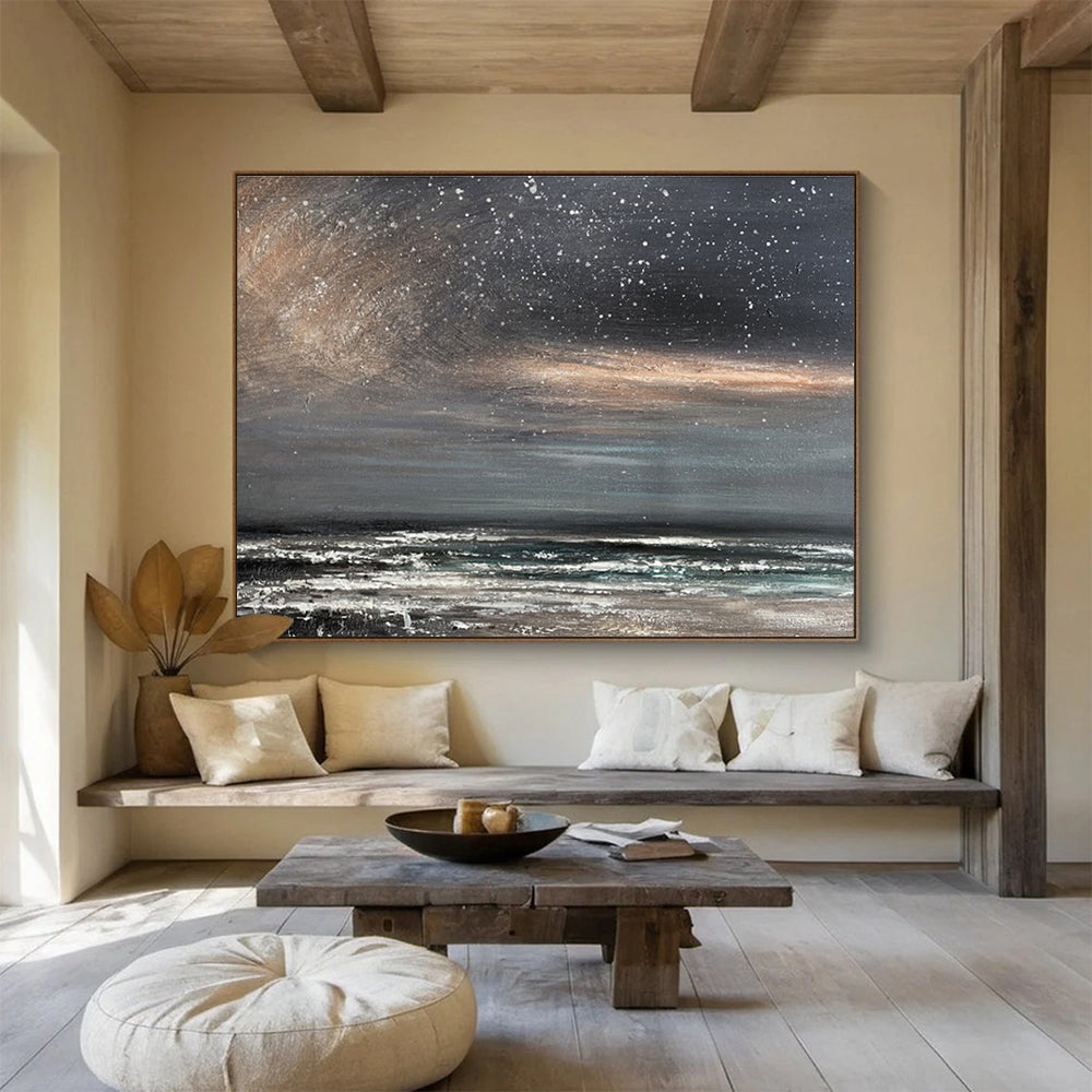 Dark Sky with Stars Over Grey - White Sea Seascape Painting On Canvas DKS105