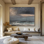 Dark Sky with Stars Over Grey - White Sea Seascape Painting On Canvas DKS105