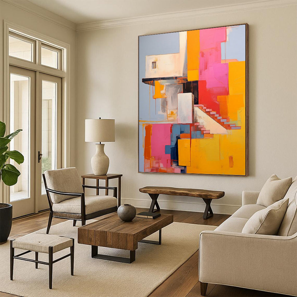 “Colorful Architectural Abstract” - Cubist - Inspired Painting On Canvas PT1323
