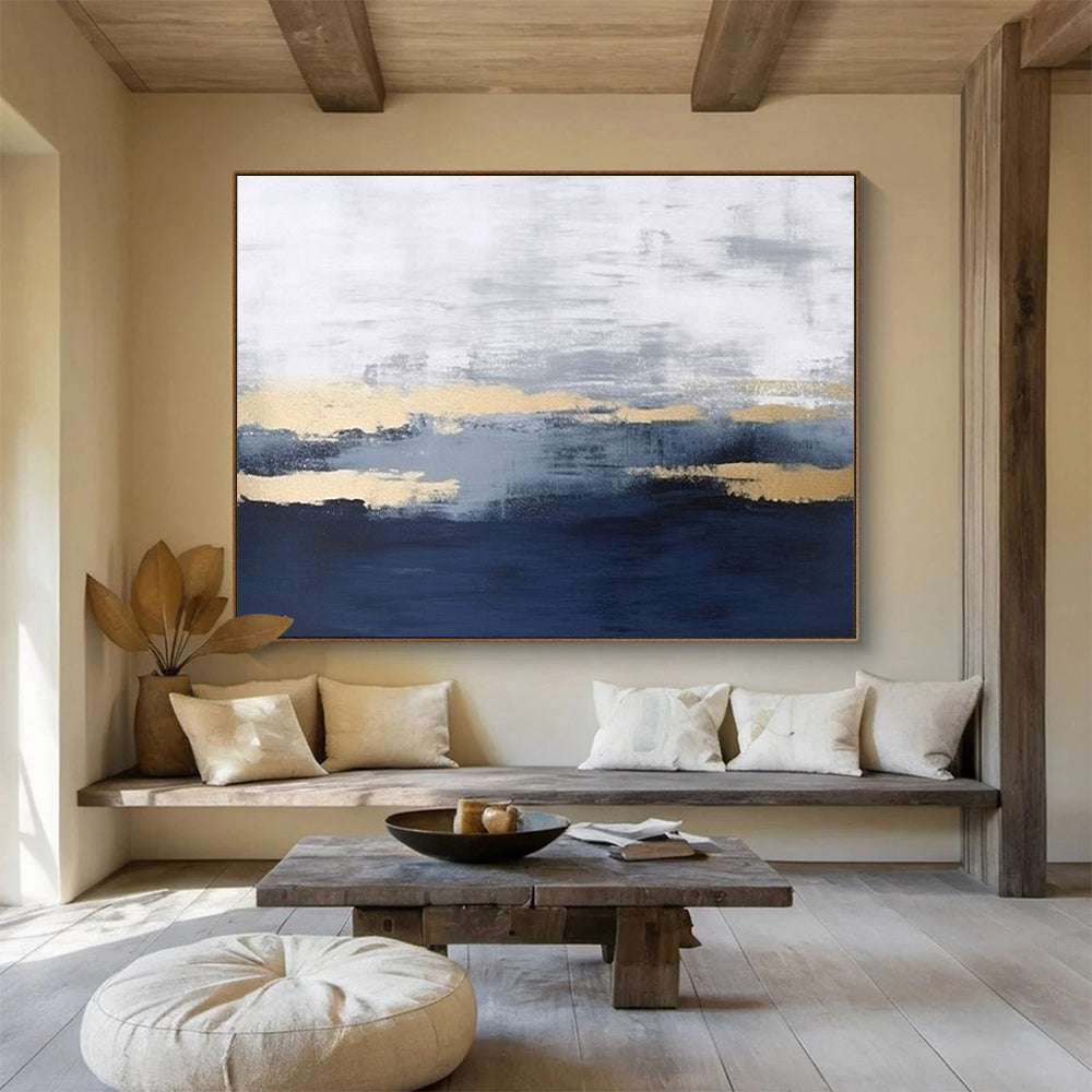 “Gray Gold Abstract” - Gray, Gold & Blue Abstract, Minimalist Oil Painting On Canvas DKS786