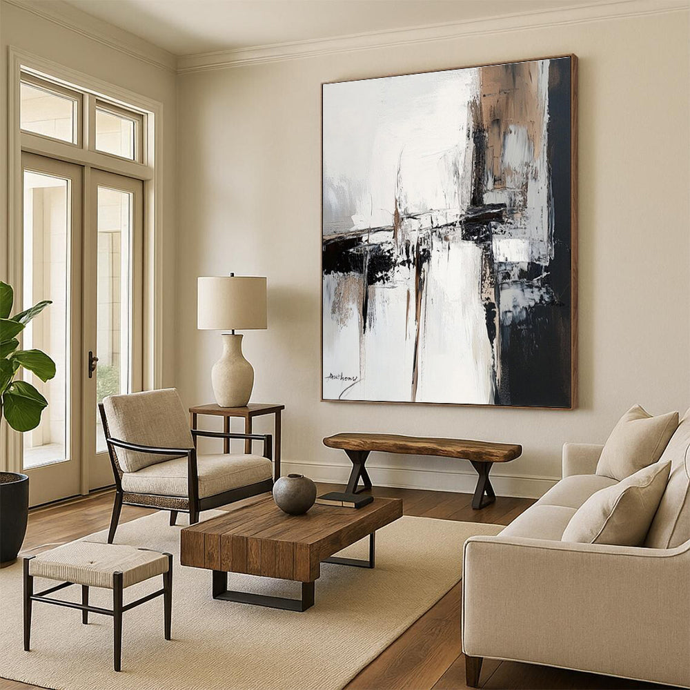 Black, White, Beige Urban Fragment “City Whispers” - Painting On Canvas PS0784