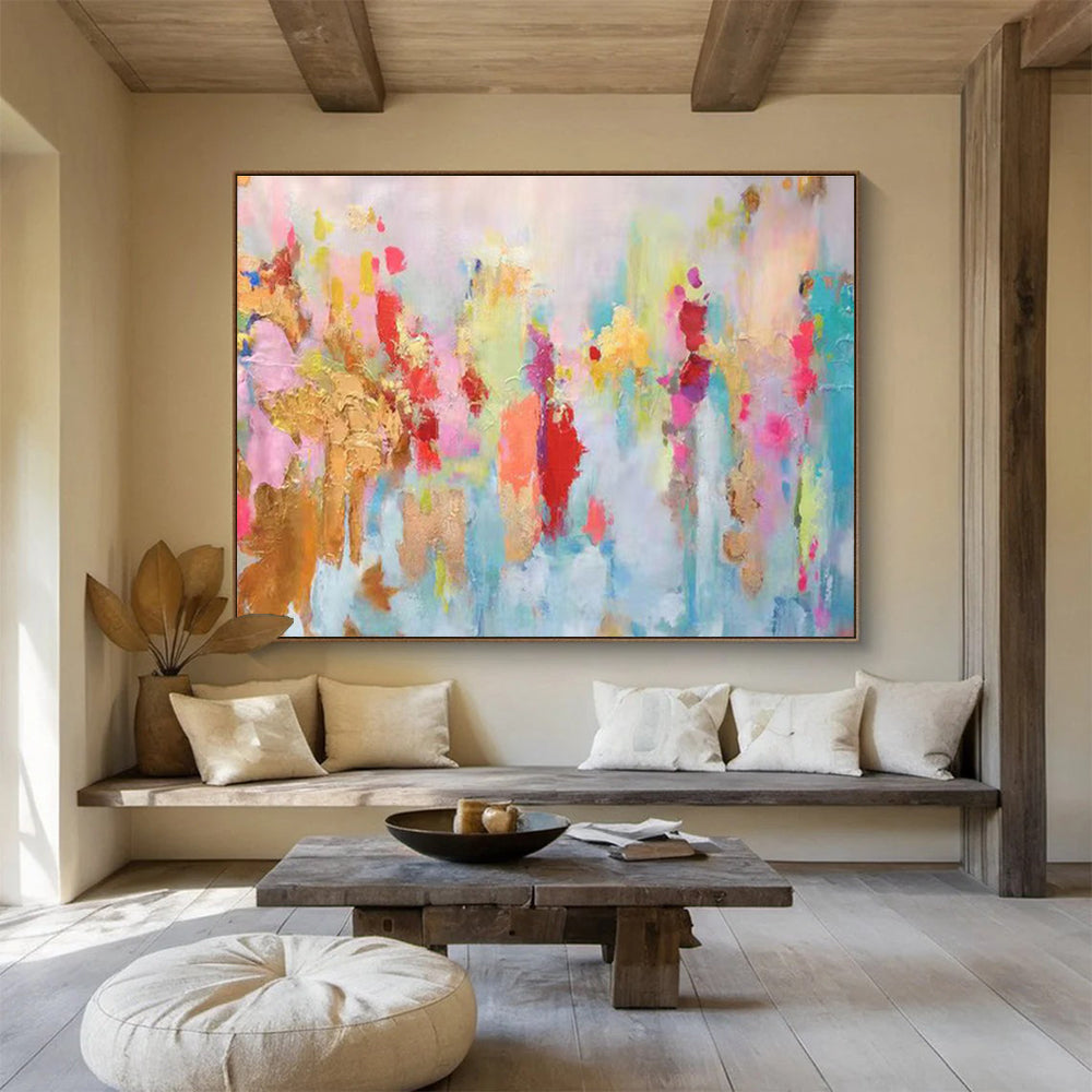 Pastel Dreamscape: Soft Pink, Blue & Gold Abstract Expressionist Painting for Bohemian Bedroom & Yoga Studio DKS643