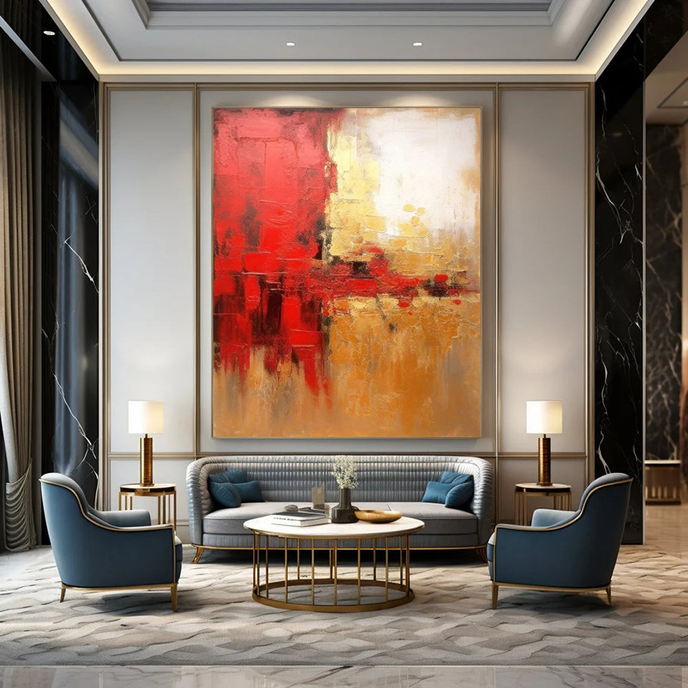 Red, Gold, and Beige, "Fiery Elegance" – Abstract Painting On Canvas PS1021