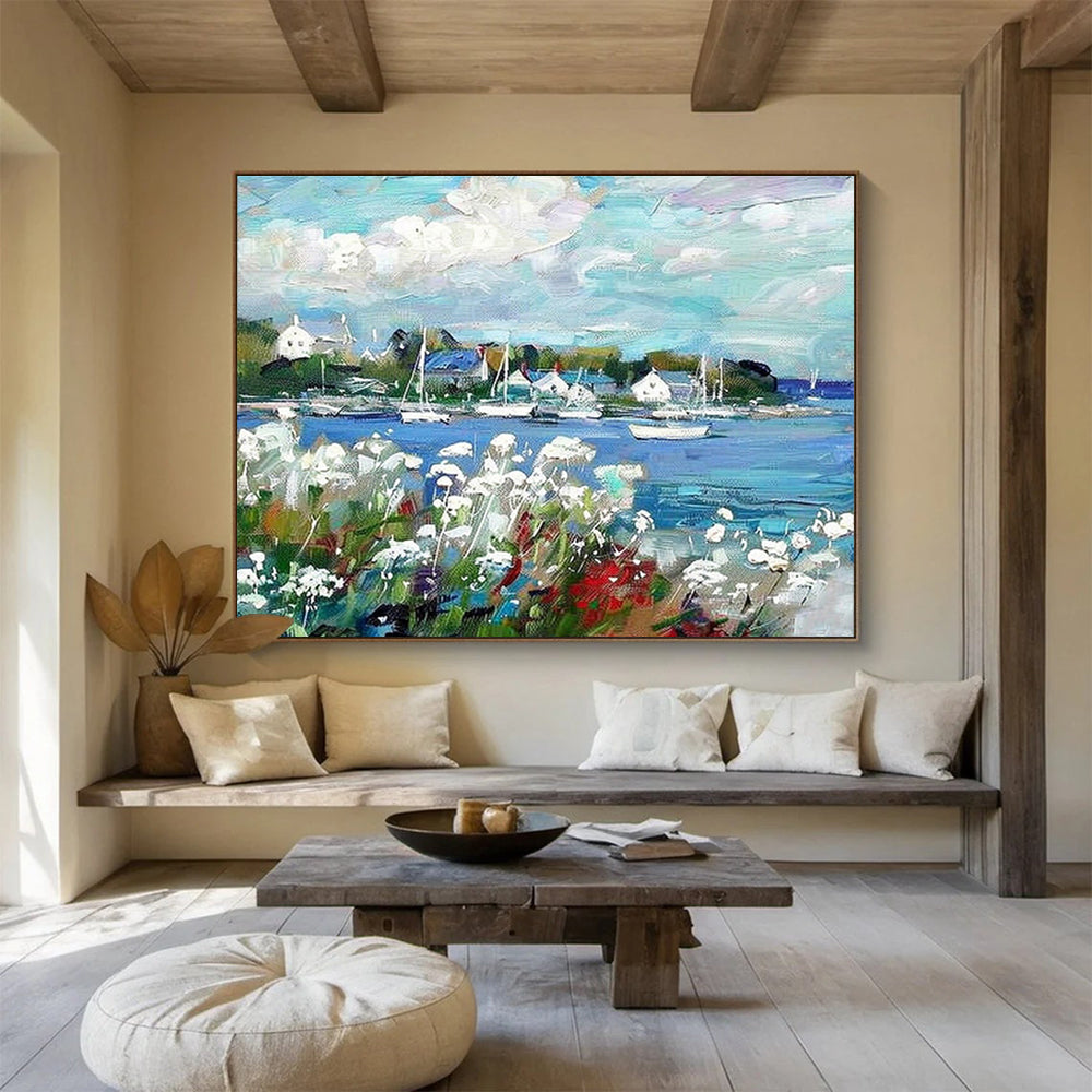 “Impressionistic Coastal Village” - Lively Seascape Painting On Canvas DKS450
