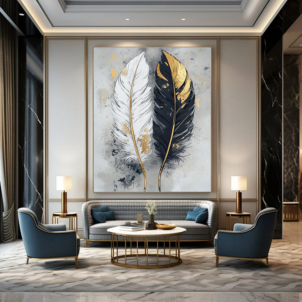 Black, White, Gold with Feathers "Gilded Feathers" Decorative Painting On Canvas PS1262