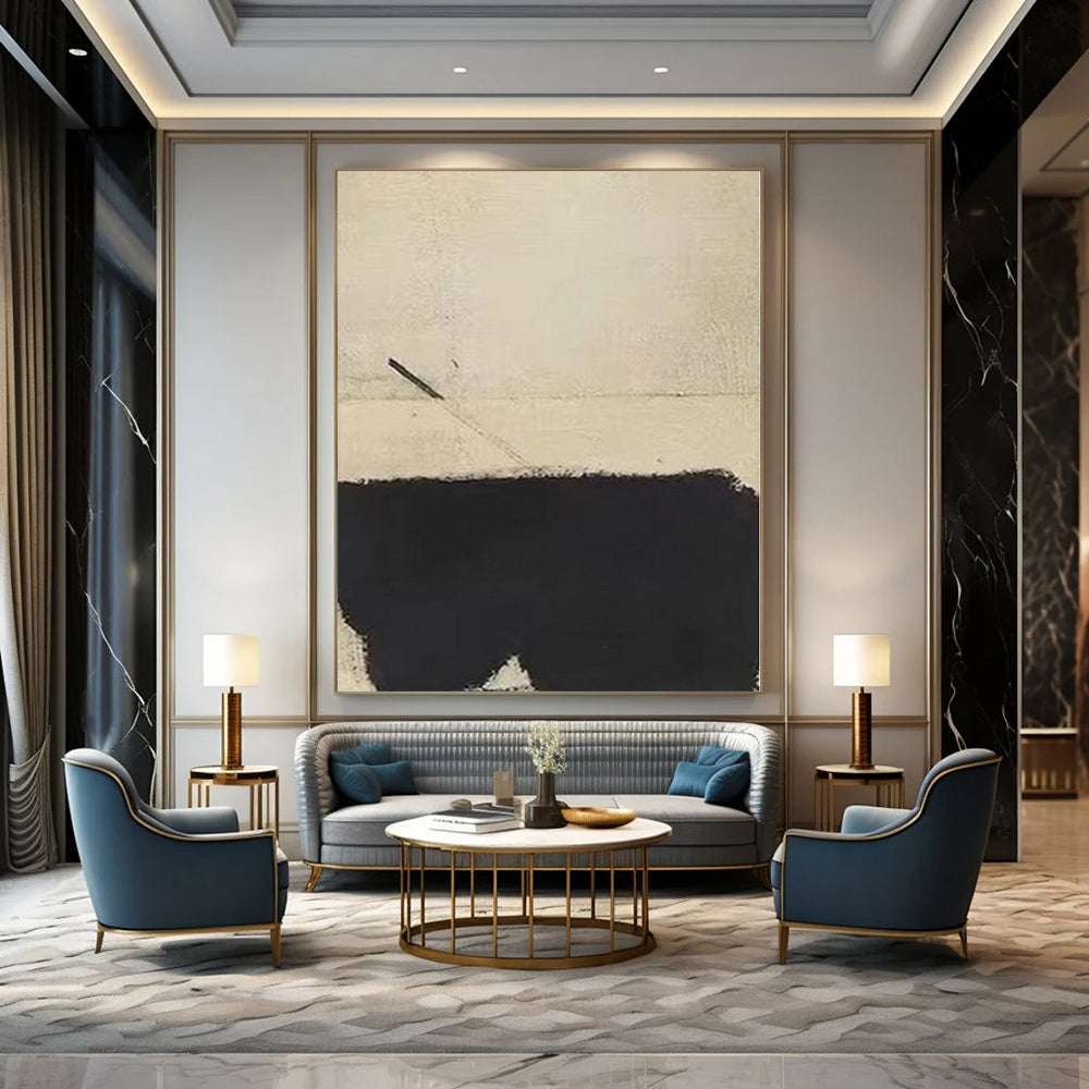 Beige and Black with Stark Contrast "Monochrome Balance" Abstract Painting On Canvas PS1166