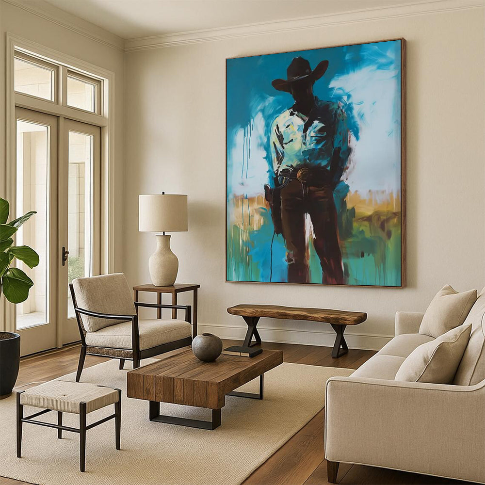 Mysterious Cowboy: Silhouette in Blue Painting On Canvas DS102