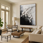 “White Flowers on Black Textured” - White, Black Abstract Textured Floral Painting On Canvas PS0580