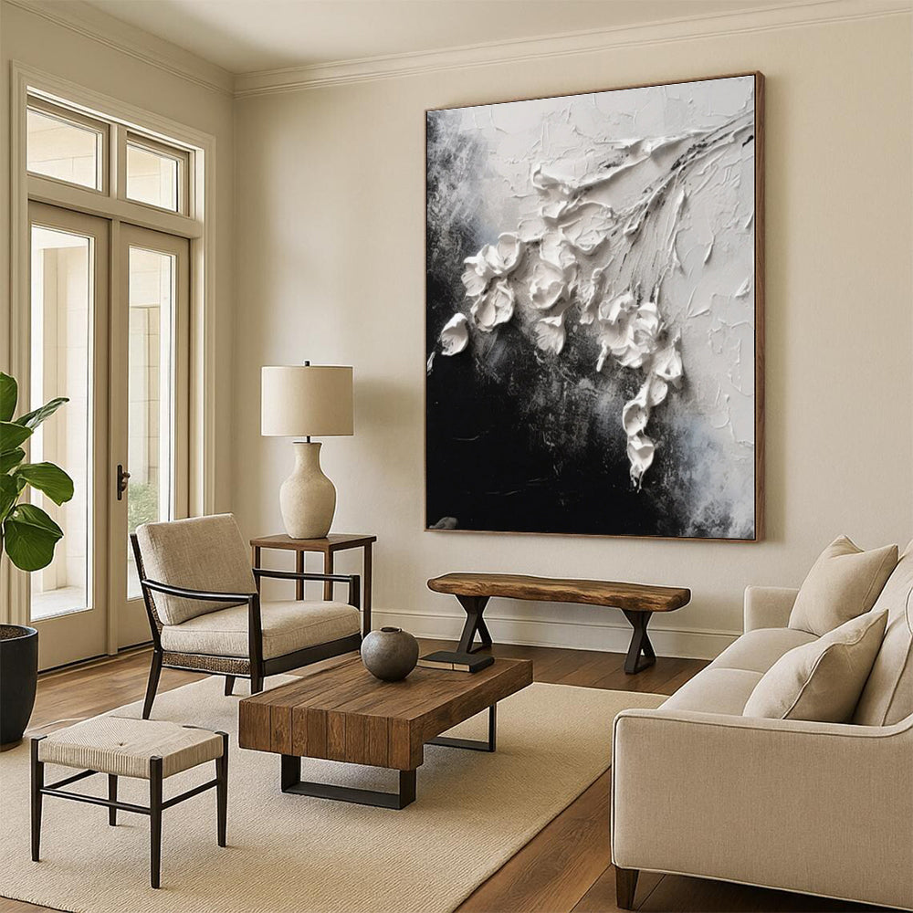 “White Flowers on Black Textured” - White, Black Abstract Textured Floral Painting On Canvas PS0580