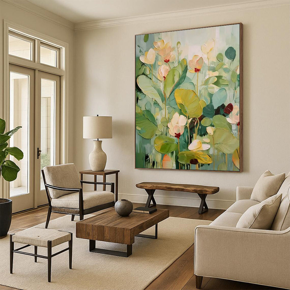 “Soft Green and White Florals” - Impasto Floral Painting On Canvas PT2237