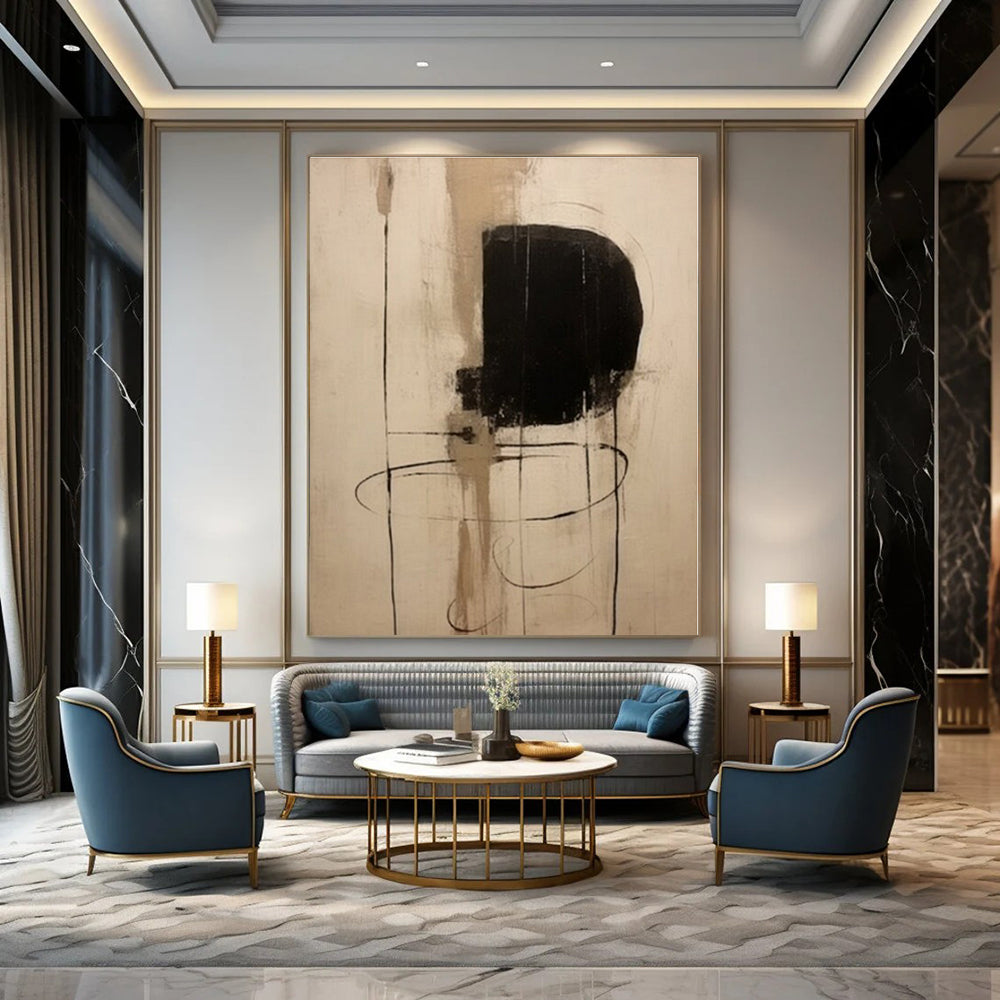 Beige, Black with Line and Shape "Linear Forms" Abstract Painting On Canvas PS1290