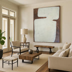 “White Geometric Form on Brown” - Textured Abstract Painting On Canvas PT1082