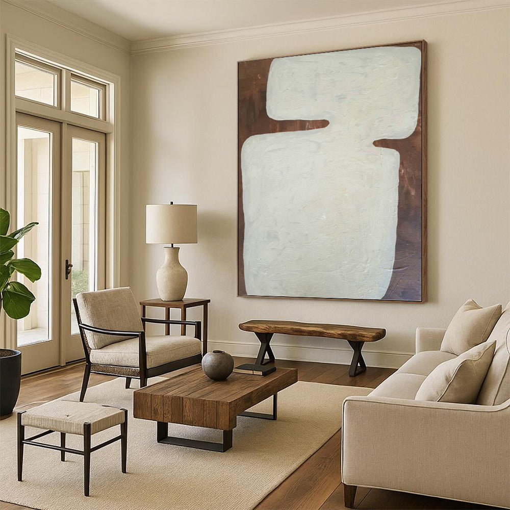 “White Geometric Form on Brown” - Textured Abstract Painting On Canvas PT1082