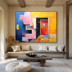 Geometric Doorway: Blue, Pink & Yellow Abstract Cubist Architecture Painting for Contemporary Office & Art - Lovers’ Café DKS642