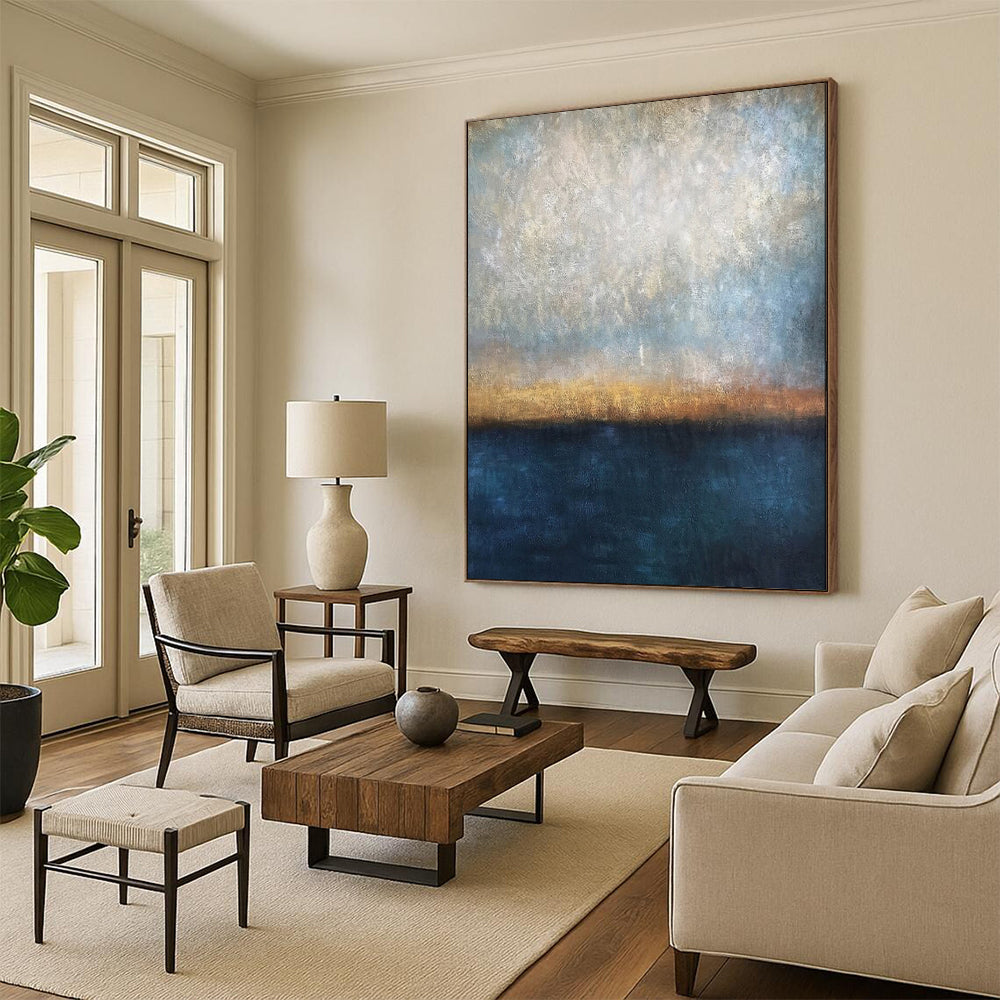 “Blue - Gold - Gray Sea Horizon” - Abstract Seascape Painting On Canvas PT1983