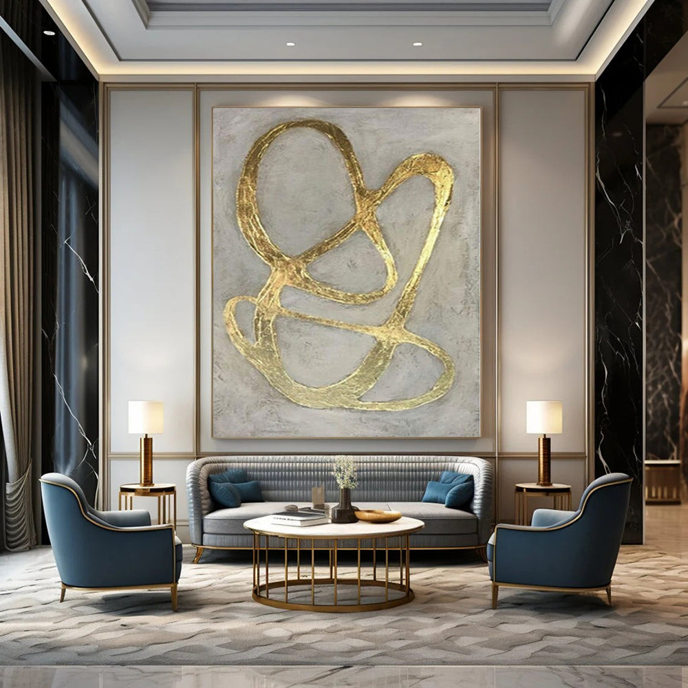 Gray with Intertwined Gold Lines "Golden Entanglement" Opulent Abstract Painting On Canvas PS1098