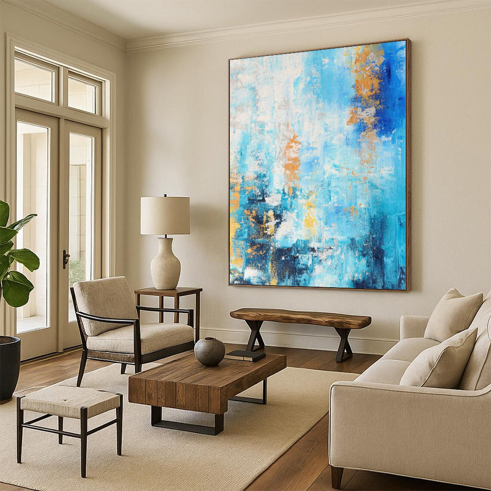 “Blue and Gold Abstract Flow” - Abstract Expressionist Painting On Canvas PS0015