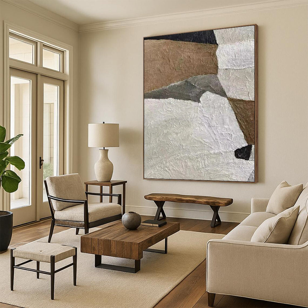 “Brown - Grey - White Textured Collage” - Mixed - Media Abstract Painting On Canvas PT1140