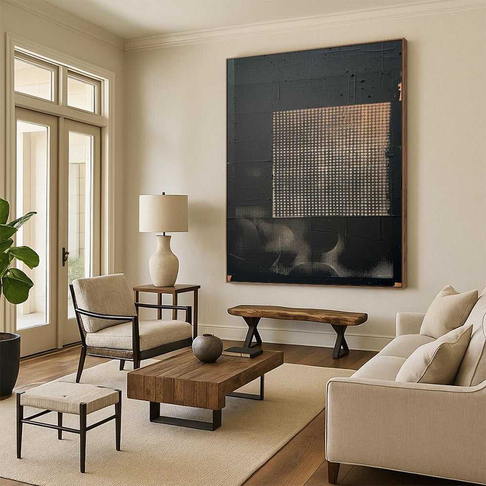 “Black & Gold Grid Abstract” - Geometric Abstract Painting On Canvas DS306