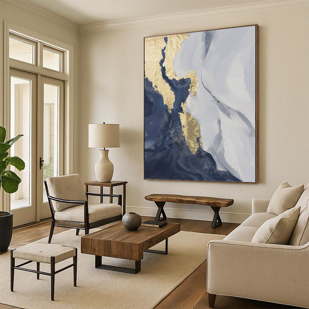 “Blue and Gold Abstract Waves” - Abstract, Metallic - Accented Painting On Canvas PT1514