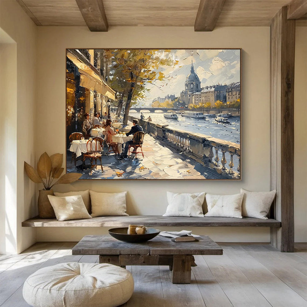 Riverbank Café - Cityscape Oil Painting, Ideal for Kitchen & Patio DKS666