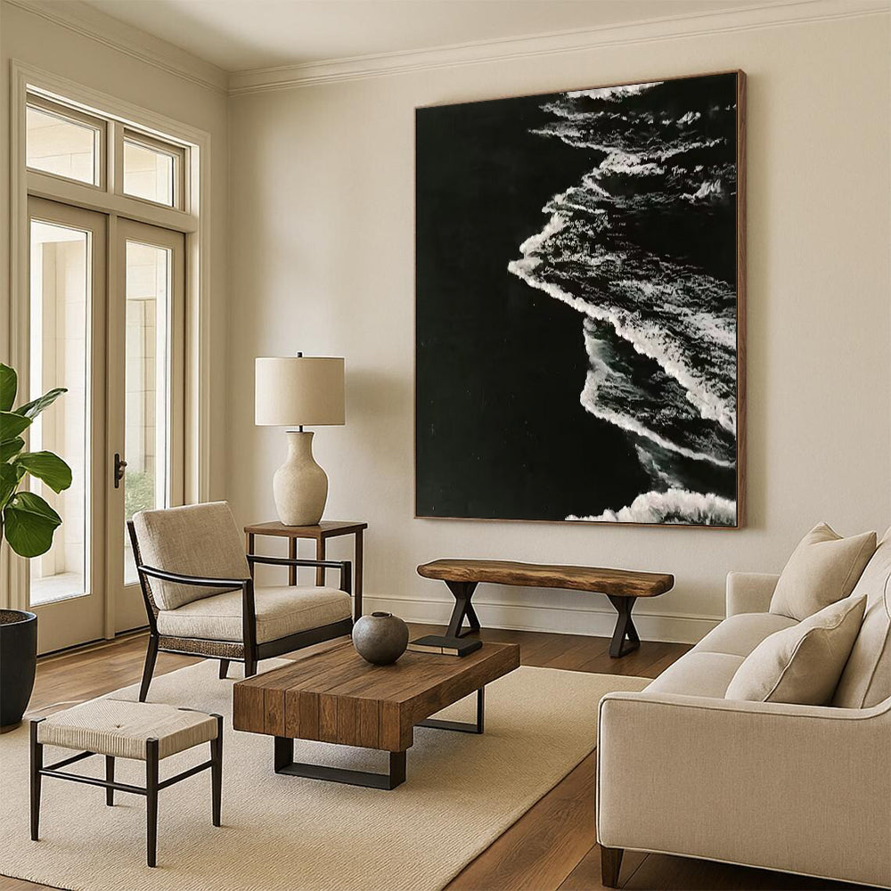 “Black and White Textured Wave Abstraction” - Minimalist Ocean Painting On Canvas DS349