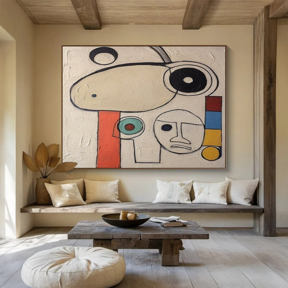 “Abstract Faces in Neutral Tones with Colorful Accents” - Miró - Inspired Whimsical Painting On Canvas PT011