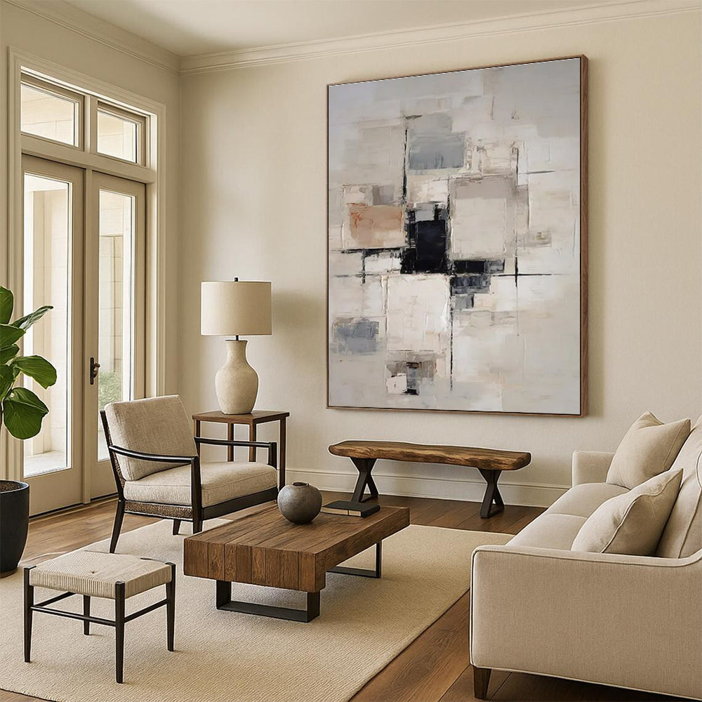 Beige, Gray & Black Geometric Abstract "Urban Grid" Painting On Canvas PS0868