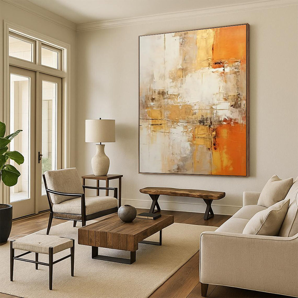 Beige, Orange & White Abstract Blend Painting On Canvas PS0817