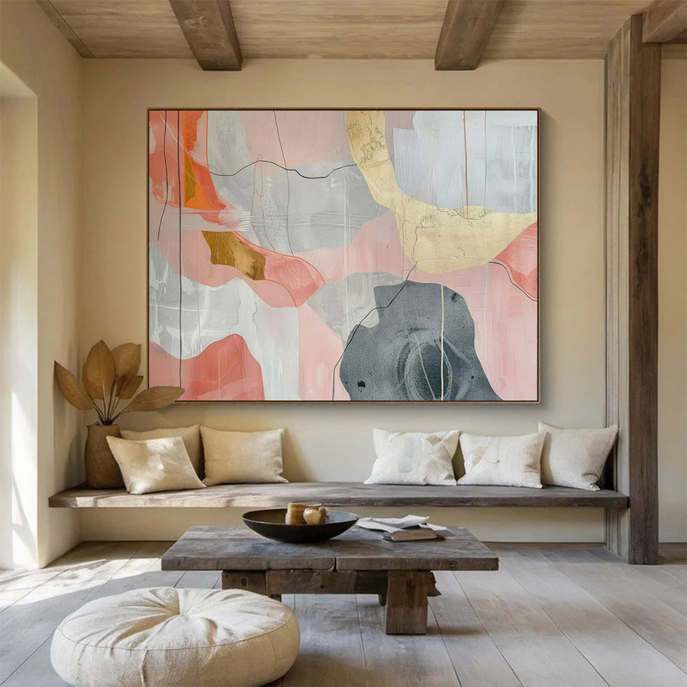 “Pink - Gray Abstract with Gold Details” - Modernist Abstract - Painting On Canvas PT1761