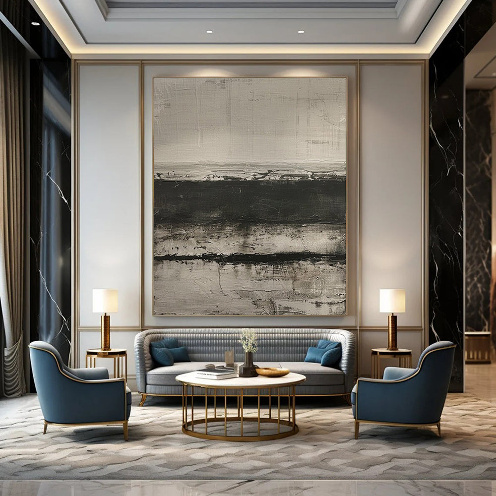 Black, White, Gray with Textured Bands "Monochrome Melody" Abstract Painting On Canvas PS1369