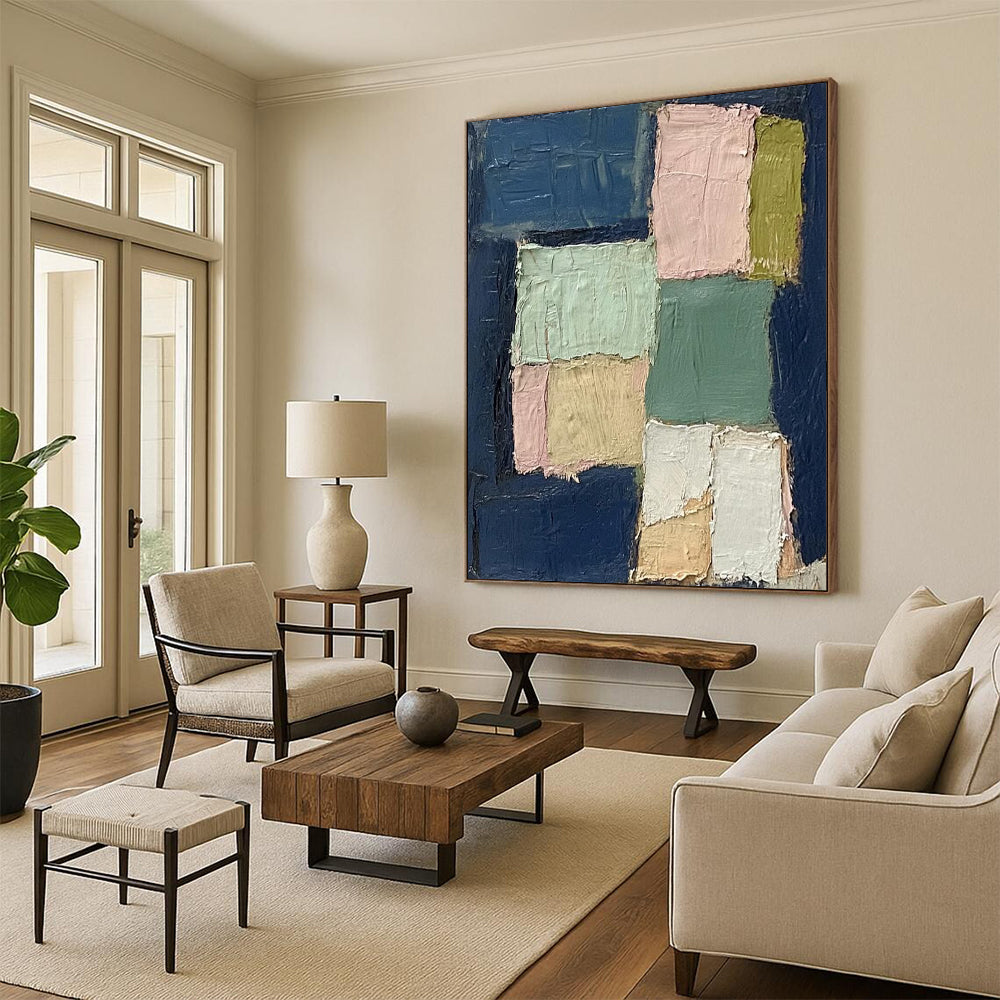 “Pastel Squares on Navy” - Minimalist Abstract Painting On Canvas DS013