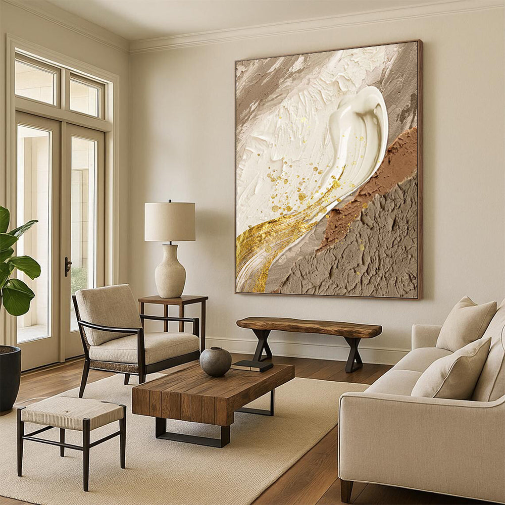 “Neutral Tones with Gold Accents” - Elegant, Abstract Painting On Canvas PT1487