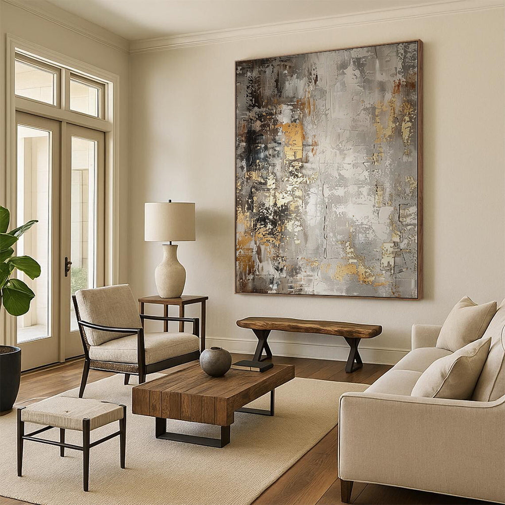 “Gray - Gold Abstract” - Industrial Abstract Painting On Canvas PS0086