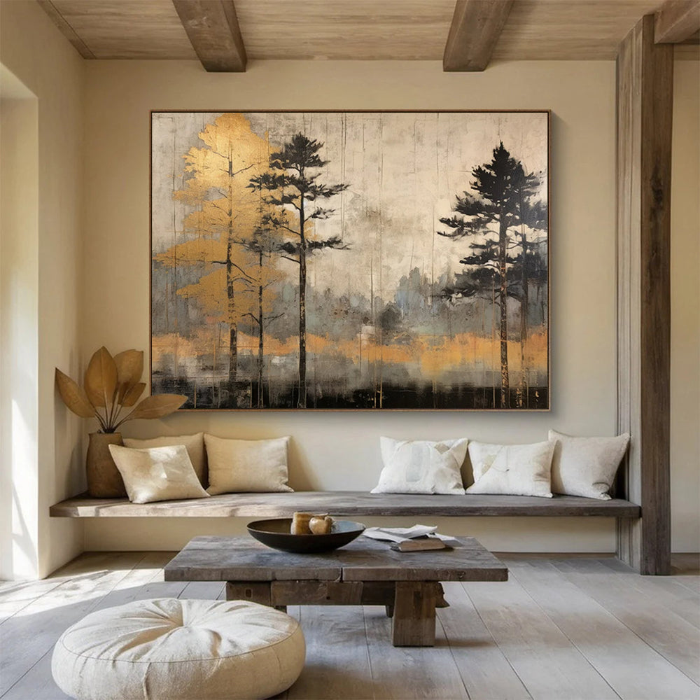“Golden Trees in Gray Landscape” - Contemporary Landscape Painting On Canvas PT106
