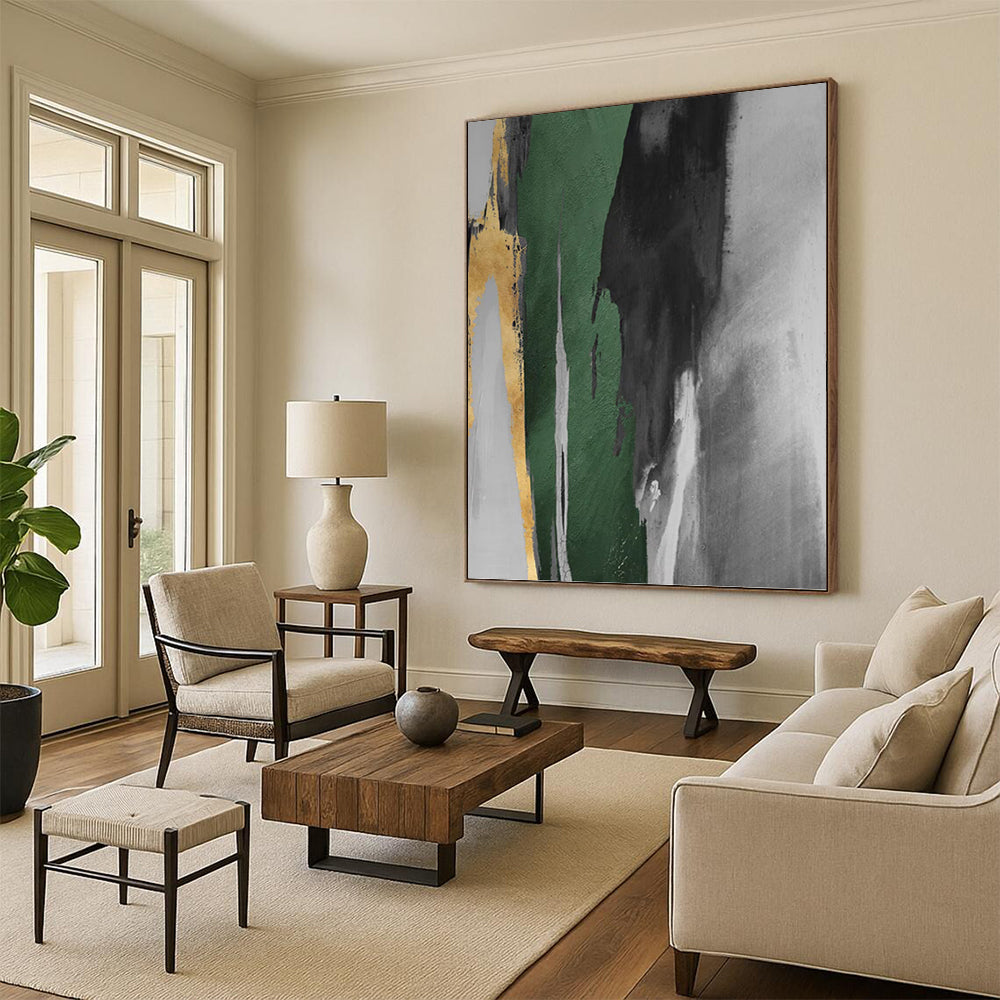 “Green - Grey - Gold Abstract Strokes” - Abstract Expressionist Painting On Canvas PT1198