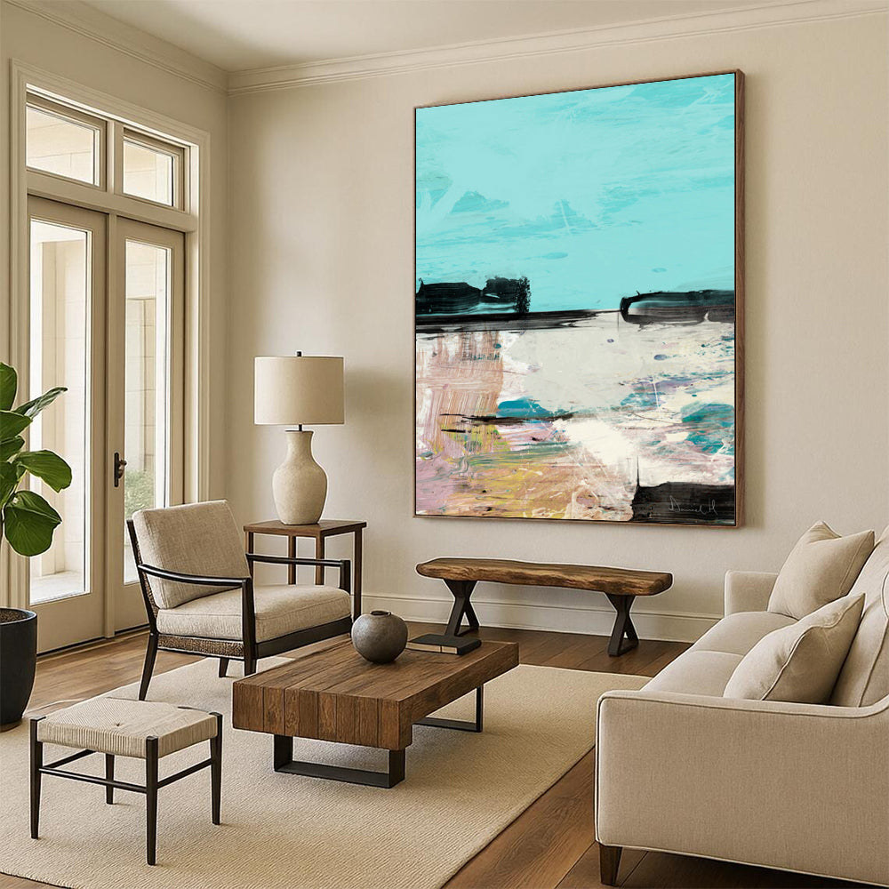 “Abstract Coastal Scene” - Turquoise Sky & Colorful Shoreline Painting On Canvas DS197